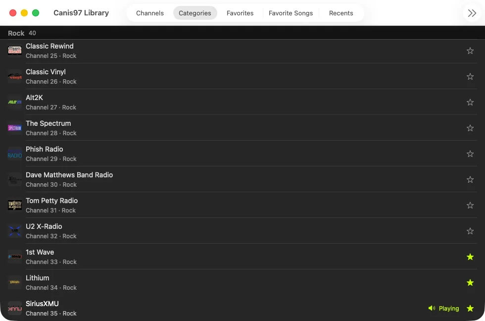 The Canis97 channel library with SiriusXMU playing